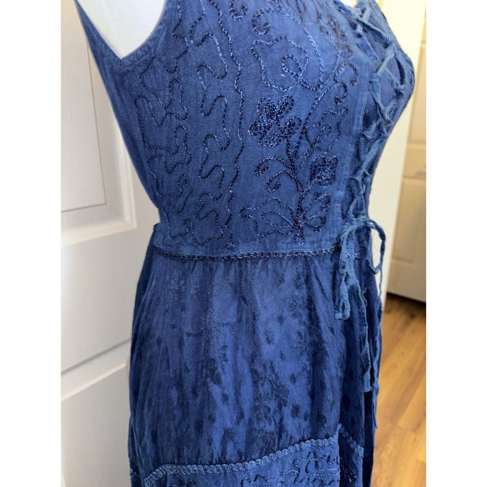 Western Prairie Lace-Up Midi Dress Embroidered Boho Cowgirl Festival - Picture 3 of 10
